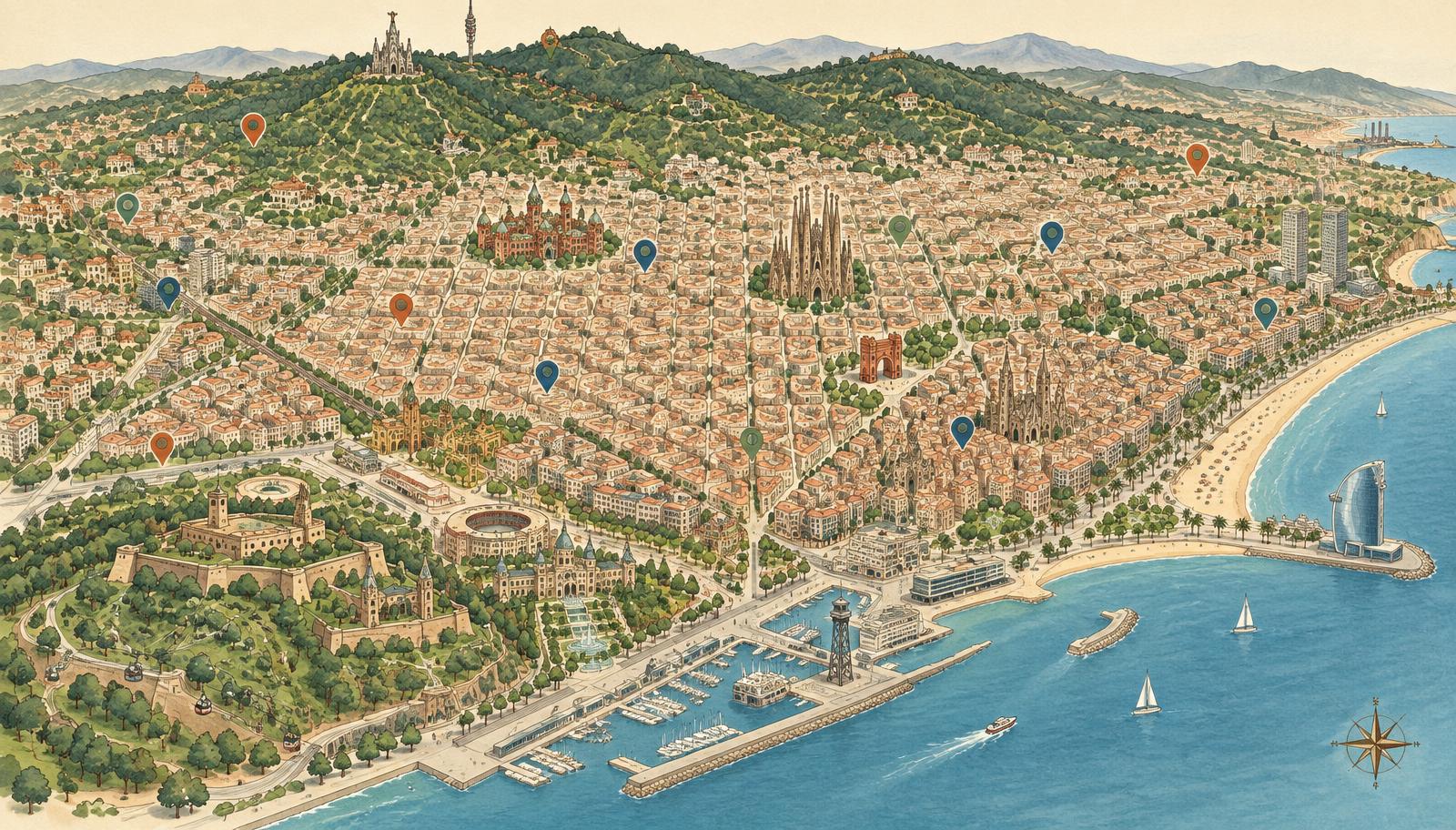 Illustrated map of Barcelona from the Collserola hills to the sea, with neighbourhood pins across the city